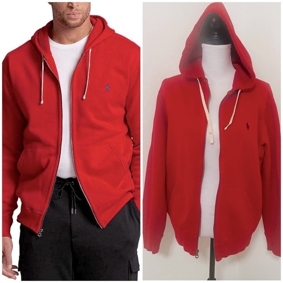 POLO RALPH LAUREN Blue Label Fleece Full Zip Hoodie Red Men Medium EUC Heavy - Picture 1 of 14